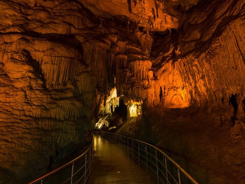 Gokgol cave walking path( Turkish; G&ouml;kg&ouml;l Mağarası ) Wonderful natural wonder with colorful cave lighting. Turkey caves travel. Zonguldak, Turkey