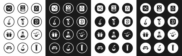 Set Chemistry report, Test tube and flask, Medicine pill tablet, Bacteria, book, and Medical rubber gloves icon. Vector