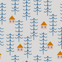 Nordic, Scandinavian inspired folk art seamless pattern - Finnish vector design in blue and red. Vector wallpaper background with flowers, Finnish house, rural scenery decoration - kiddy style