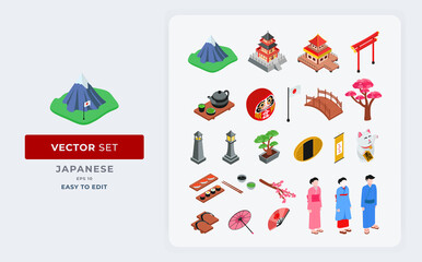 Vector set of isometric collection of iconic japanese elements building and culture. Color Editable Eps 10. - obrazy, fototapety, plakaty