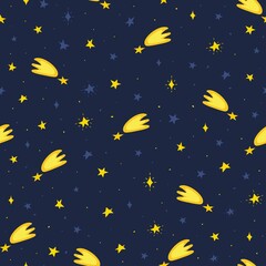 Space seamless pattern with falling stars. Galaxy background for kids. Cosmic print great for fabric and wrapping paper. Vector illustration