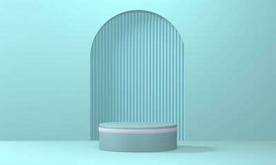 Empty minimalistic turquoise podium with white rim in studio lighting. Single cylinder on a turquoise background with an arch. 3d render