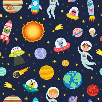 Cute space seamless pattern with astronauts, aliens and planets. Solar System background for kids. Cosmic print great for fabric and wrapping paper. Vector illustration