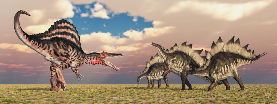 Dinosaurier Spinosaurus und Stegosaurus in einer Landschaft