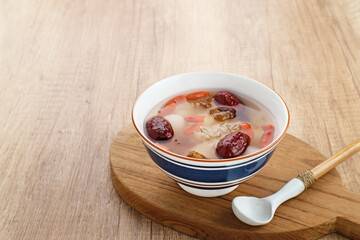 Peach Gum, Chinese traditional drink that contains peach gum, bird nest, red dates, snow fungus, goji berry, and rock sugar. 
