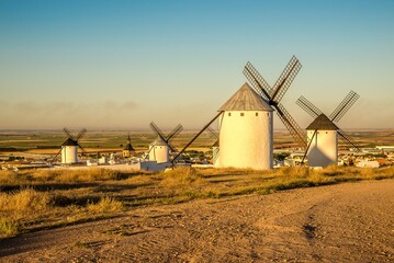 Morning view at the Windmills in area of Campo de Criptana, Spain