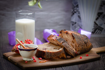 Honey, pomegranate, milk and bread are traditional dishes for celebrating the Jewish New Year, Rosh Hashanah.