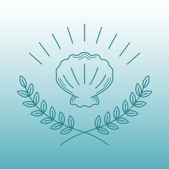 Simple line art logo of wreath leaves with seashell