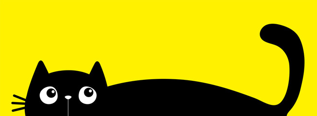 Cat silhouette hiding. Funny face head. Black kitten. Cute kawaii animal. Baby card. Notebook cover. Sticker print. Banner. Cartoon pet character. Flat design. Yellow background.
