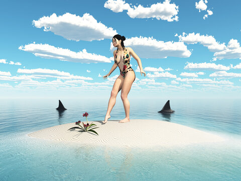 Frau im Bikini auf einer kleinen Insel offenen Meer umgeben von Haifischen