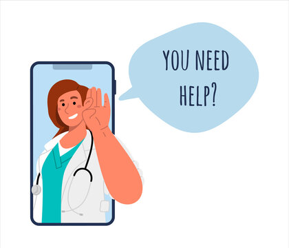 Online help or onsultation with doctor via mobile phone.Flat vector