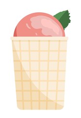 Pink coloured ice cream with mint leaves in waffer cone, isolated on white background