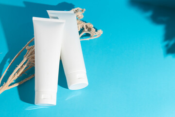 mockup tube bottle for skin care cosmetic summer sunscreen, product branding, cream lotion treatment