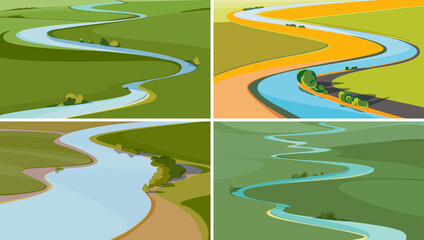 Set of landscapes with river view from above. Beautiful natural sceneries.