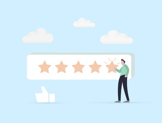 Customer Evaluation and Satisfaction Feedback review, performance rating concept. Confidence businessman or customer character giving 5 Stars, positive ranking for best quality result