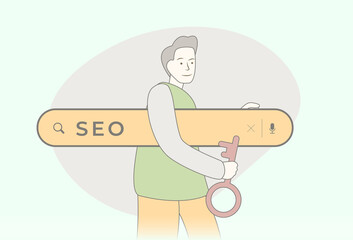 SEO - Search Engine Optimization concept. Improve quality and quantity traffic to website from search engines. Hand-drawn style seo specialist holds search bar under his arm and a key in his hand