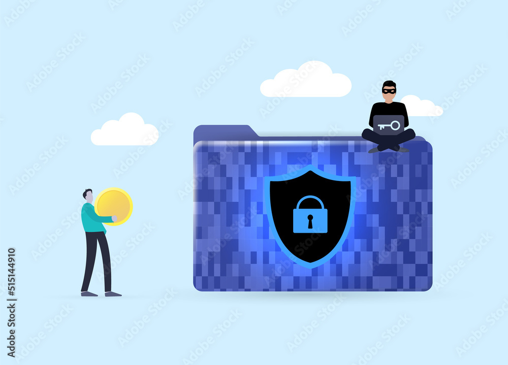 Poster ransomware program, encryptor of personal files and folders. the character is holding a coin to give