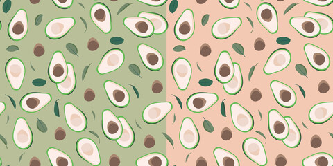 Seamless pattern sliced avocado, leaves and seeds on khaki and coral background. Vector illustration for wrapping paper, greeting cards, wallpaper, fabric