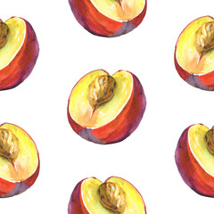 Seamless pattern with watercolor nectarine fruit. Isolated on white background. Hand-painted food illustration.	