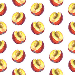 Fototapeta na wymiar Seamless pattern with watercolor nectarine fruit. Isolated on white background. Hand-painted food illustration. 