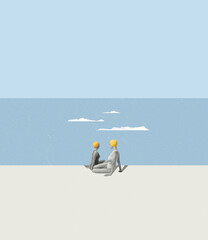 Contemporary art collage. Two women in yellow swimming cap sitting on beach near wavy sea. Summertime hobby - 515145373