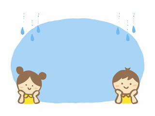 かわいい子どもと雨の背景／手描きイラスト