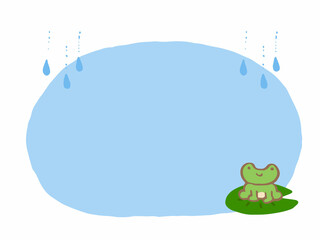 かわいいカエルと雨のフレーム／手描きイラスト