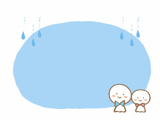 かわいい梅雨のてるてる坊主と雨のフレーム／手描きイラスト