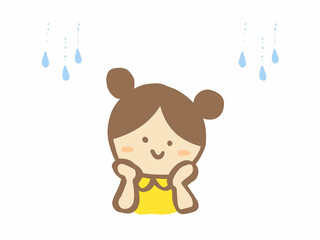 かわいい子どもと雨の背景／手描きイラスト