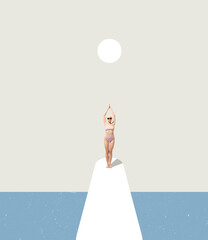 Contemporary art collage. Girl in retro swimming suit preparing to dive into sea. - 515145564