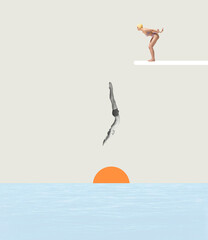 Contemporary art collage. Man and woman in swimming suits diving into sea. Summertime holiday - 515145753
