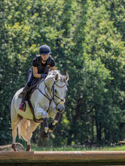 Junge Frau auf Schimmel springt mit Helm und Schutzweste beim Geländetraining auf einer Wiese am Waldrand über ein Hindernis aus Holz