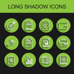 Set line Clipboard with graph chart, Money bag and coin, Target, Safe money, User manual, Resume, Briefcase and Document icon. Vector