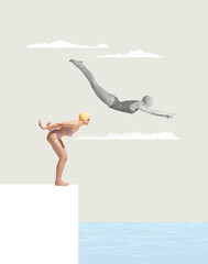 Contemporary art collage. Two woman in swimming suits diving into sea from starting block....