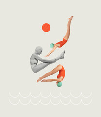 Contemporary art collage. Girls in retro style swimming suit and cap diving, swimming - 515145985