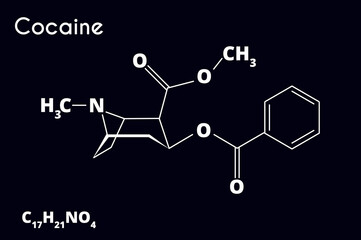 Cocaine molecule isolated on black background. Recreational drug. Vector illustration.