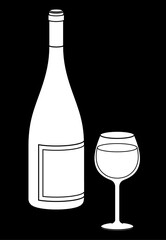 Burgundy bottle of alcohol with a drink in a wineglass. A glass of French wine outline illustration on black background