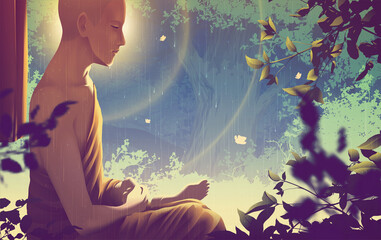 a male monk is seeing the noble truths of the universe in his meditation