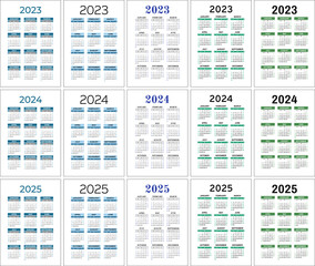 2023, 2024 and 2025 calendar set. Color vector pocket calender design. Week starts on Sunday. January, February, March, April, May, June, July, August, September, October, November, December