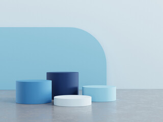 Geometric shape pedestal for product display with light blue background. 3d rendering.