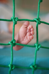 Close-up detail macro view of cute baby leg foot fingers in crib with net of green twine. Close-up of beautiful and peaceful child sleeping and resting