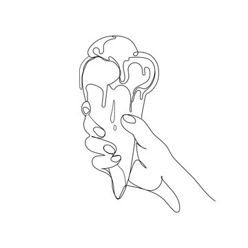 Ice cream cone lineart hand drawn vector illustration.Ice cream in human hand continuous line drawing isolated on white background.Minimal art sweet food.Cold dessert.Black and white sketch
