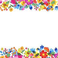 Fototapeta na wymiar Bright summer flowers arrange in border on white background.