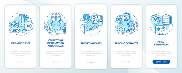 Disease monitoring steps blue onboarding mobile app screen. Walkthrough 5 steps editable graphic instructions with linear concepts. UI, UX, GUI template. Myriad Pro-Bold, Regular fonts used