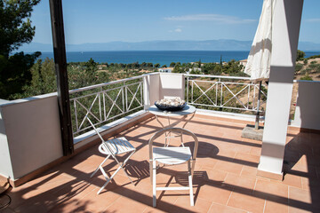 View of Mediterranean sea coastline from house terrace closeup