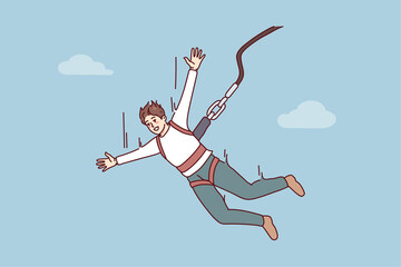 Excited young man jumping with parachute. Smiling guy enjoy extreme sport with rope jumping. Vector illustration. 