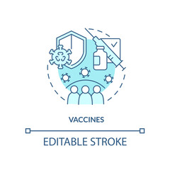 Vaccines turquoise concept icon. Pandemic preparedness clinical research abstract idea thin line illustration. Isolated outline drawing. Editable stroke. Arial, Myriad Pro-Bold fonts used