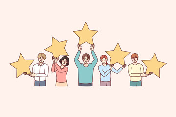 People holding stars give customer feedback to bad or good quality service. Men and women rate with star. Client opinion and choice. Vector illustration.