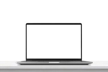 Laptop with blank screen on marble table isolated on white background