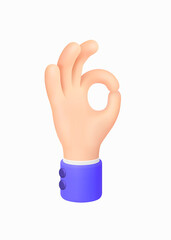 Ok Sign. Okey - Hand Gesture. 3d Cartoon Character Hand in a blue jacket with a white shirt. Icon for Apps, Web, T-shirts, Advertising, Posters etc. isolated on white. 3D Render Vector
